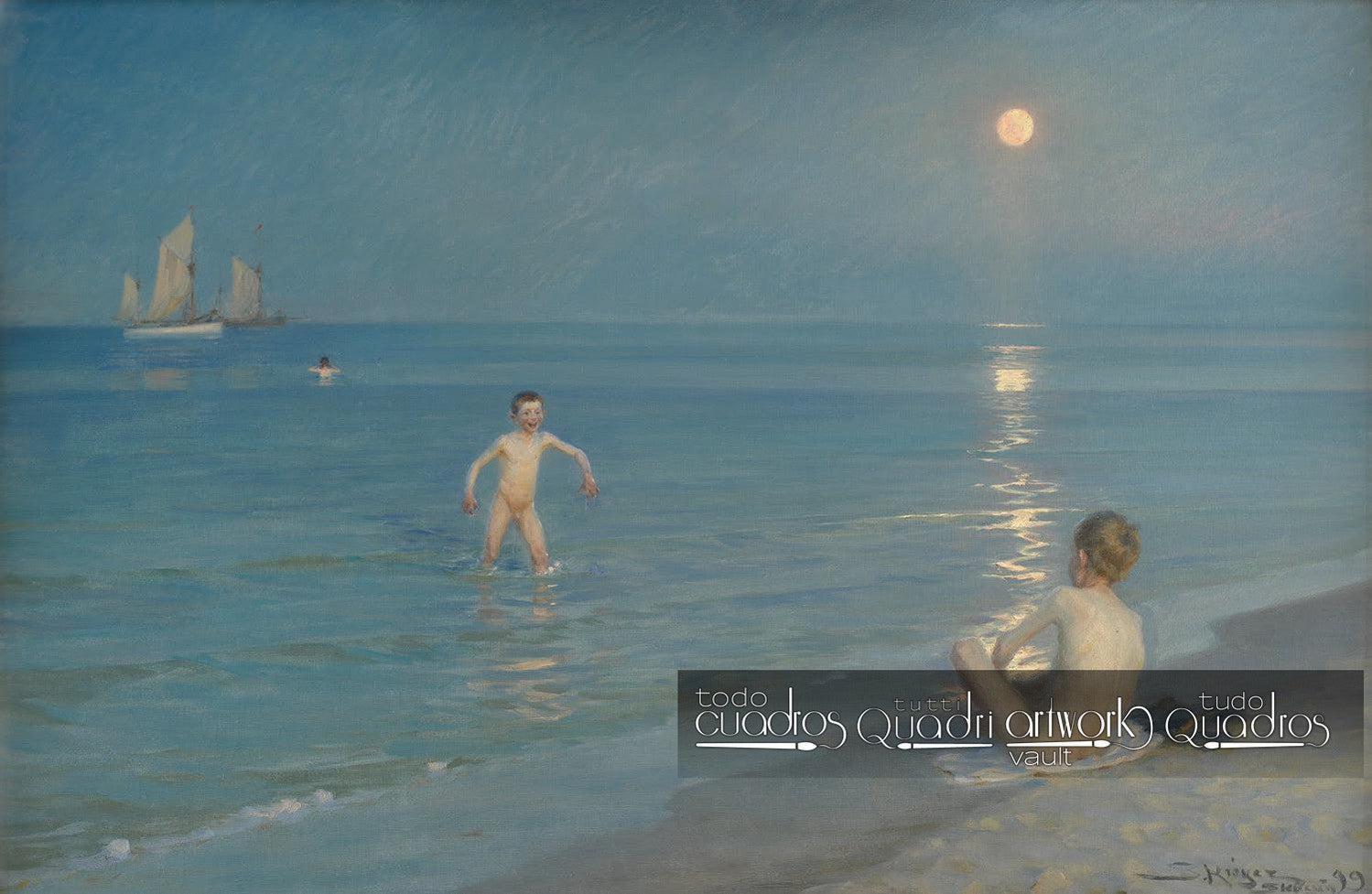 Jungen baden in Skagen. Sommerabend, Krøyer